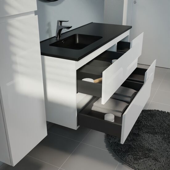 Linie Lado meuble salle de bains suspendu 120 x 46 cm blanc brillant avec Vano plan vasque asymétrique à gauche en marbre composite noir mat