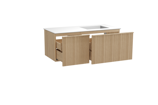 Balmani Forma zwevend badmeubel 120 x 55 cm naturel eiken met Tablo Stretto asymmetrisch rechtse wastafel in solid surface mat wit, Verticale asymmetrische ronde ribbel