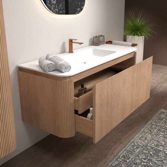 Balmani Moon meuble salle de bains suspendu 130 x 55 cm chêne naturel avec Moon plan simple en solid surface blanc mat, Nervure droite symétrique verticale