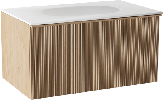 Balmani Forma meuble salle de bains suspendu 90 x 55 cm chêne naturel avec Tablo Oval plan simple en solid surface blanc mat, Nervure circulaire asymétrique verticale