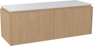 Balmani Eclips meuble salle de bains suspendu 150 x 55 cm Chêne naturelle avec Eclips tablette simple ou double vasque en Solid Surface blanc mat, Nervure droite symétrique verticale