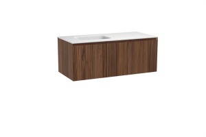 Balmani Idra zwevend badkamermeubel 120 x 55 cm notelaar met Tablo Arcato asymmetrisch linkse wastafel in solid surface mat wit