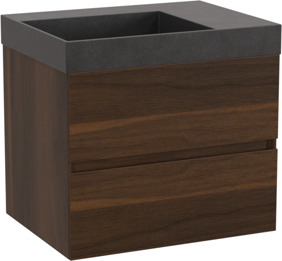Storke Edge zwevend badkamermeubel 60 x 46 cm notelaar met Jura asymmetrisch linkse wastafel in kwarts mat zwart
