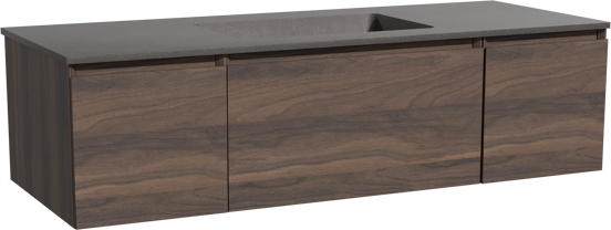 Storke Edge zwevend badkamermeubel 135 x 52 cm notelaar met Scuro enkele wastafel in kwarts mat zwart