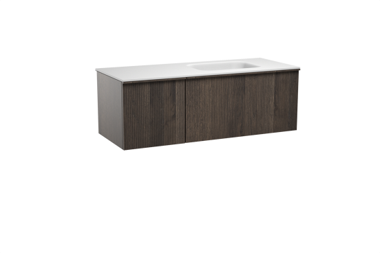 Balmani Forma meuble salle de bains suspendu 135 x 55 cm chêne fumé avec Tablo Arcato vasque asymétrique droite en solid surface blanc mat, Nervure droite symétrique verticale