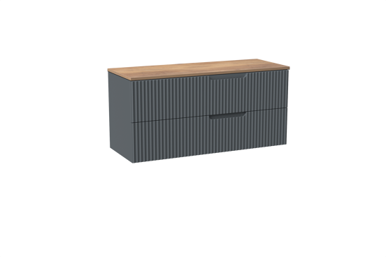 Linie Ribbo meuble salle de bains suspendu 120 x 46 cm bleu anthracite avec Lado tablette simple ou double en mélaminé chêne naturel, Nervure circulaire symétrique verticale