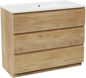 Linie Lado staand badkamermeubel 100 x 46 cm natuur eik met Vano enkele wastafel in composietmarmer mat wit