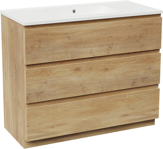 Linie Lado freistehendes Möbelstück Set: 100 x 46 cm, Naturbelassene Eiche, mit Vano Einzelwaschtisch, Marmorkomposit Weiß matt