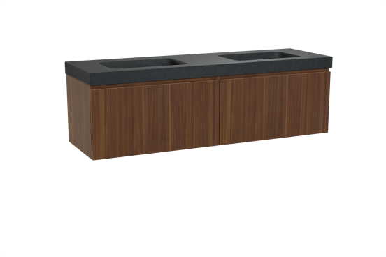 Balmani Sfera hängendes Möbelstück Set: 180 x 55 cm, Amerikanischer Nussbaum, mit Napoli Doppelwaschtisch, Schwarzes Granit