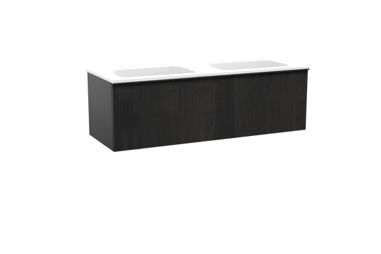 Balmani Forma zwevend badkamermeubel 150 x 55 cm zwarte eik met Tablo Strada dubbele wastafel in composietmarmer mat wit, Verticale symmetrische rechte ribbel