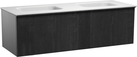 Balmani Forma zwevend badmeubel 150 x 55 cm zwart eiken met Tablo Arcato dubbele wastafel in solid surface mat wit Verticale symmetrische rechte ribbel