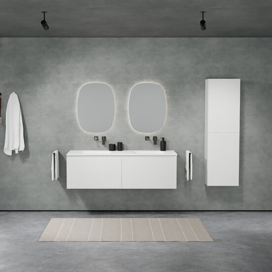 Balmani Idra zwevend badmeubel 150 x 55 cm mat wit met Tablo Arcato dubbele wastafel in solid surface mat wit