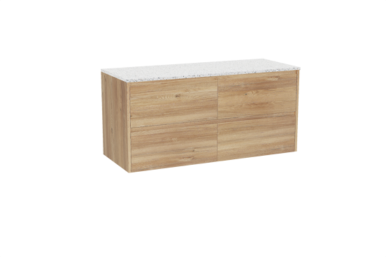 Storke Seda hängendes Möbelstück Set: 130 x 52 cm, Rohe Eiche, mit Tavola Einzel- oder Doppel Waschtischplatte, Terrazzo in Weiß/Schwarz matt