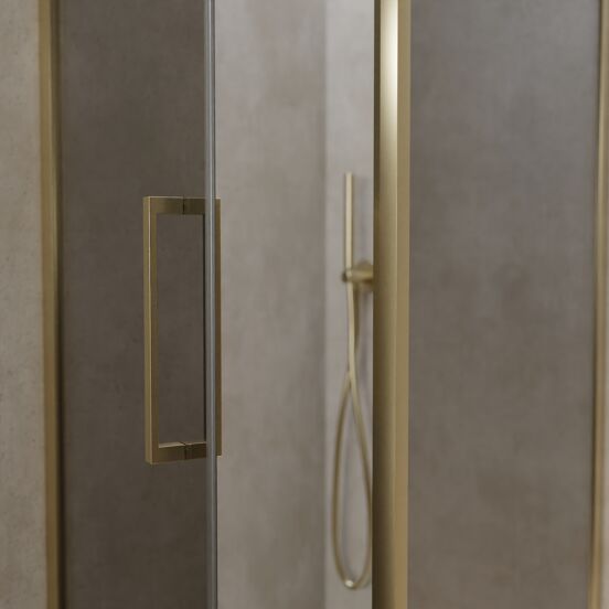 Balmani Senses Design douchehoek met linkse draaideur en vaste zijwand, 90 x 90 cm, Reflex spiegelglas, Brushed Champagne Gold profielen, met coating