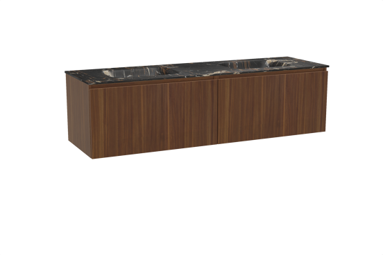 Balmani Sfera hängendes Möbelstück Set: 180 x 55 cm, Amerikanischer Nussbaum, mit Tablo Arcato Doppelwaschtisch, Marmor Portoro Gold