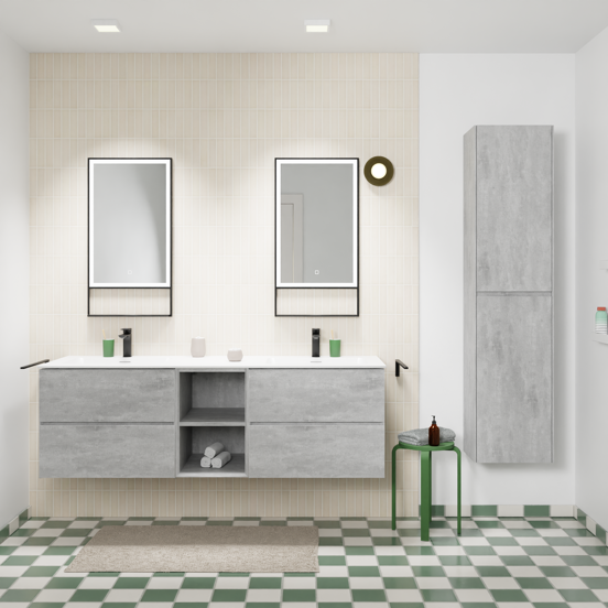 Storke Edge zwevend badmeubel 165 x 52 cm beton donkergrijs met Mata dubbele wastafel in solid surface mat wit