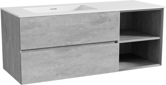 Storke Edge meuble salle de bains suspendu 130 x 52 cm béton gris foncé avec Mata plan vasque asymétrique à gauche en solid surface blanc mat