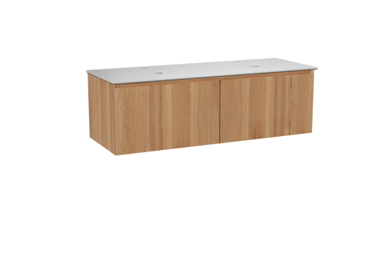 Balmani Idra hängendes Möbelstück Set: 150 x 55 cm, Teak, mit Facetta Doppel Waschtischplatte, Solid Surface Weiß matt