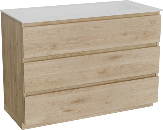 Balmani Lucida meuble salle de bains à poser 120 x 55 cm chêne brut avec Tablo Stretto lavabo simple pour 2 trous de robinet en solid surface blanc mat