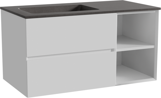 Storke Edge zwevend badmeubel 100 x 52 cm hoogglans wit met Scuro asymmetrisch linkse wastafel in kwarts mat zwart