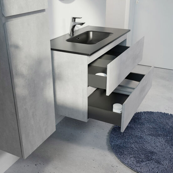 Linie Lado meuble salle de bains suspendu 90 x 46 cm béton gris foncé avec Baro plan simple en porcelaine noir mat