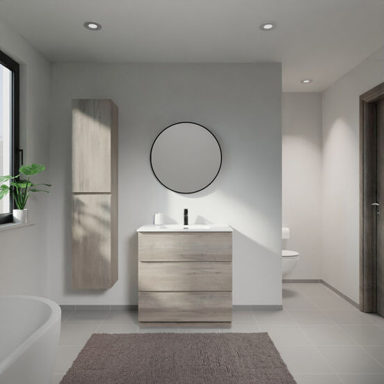 Linie Lado meuble salle de bains à poser 80 x 46 cm chêne gris avec Baro plan simple en porcelaine blanc brillant