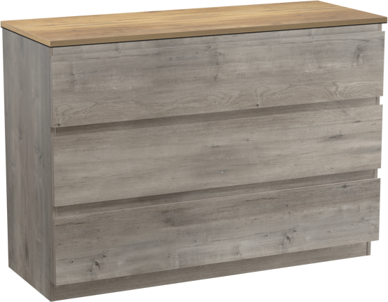 Linie Lado staand badmeubel 120 x 46 cm grijs eiken met Lado enkel of dubbel wastafelblad in melamine naturel eiken