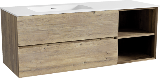 Storke Edge meuble salle de bains suspendu 140 x 52 cm chêne brut avec Mata plan vasque asymétrique à gauche en solid surface blanc mat