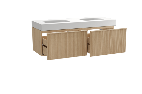 Balmani Forma zwevend badmeubel 150 x 55 cm naturel eiken met Arcato dubbele wastafel in solid surface mat wit, Verticale asymmetrische ronde ribbel