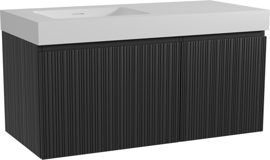 Storke Ribs meuble salle de bains suspendu 110 x 52 cm chêne noir avec Mata High vasque asymétrique gauche en solid surface blanc mat, Nervure droite asymétrique verticale