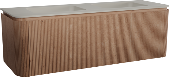 Balmani Moon meuble salle de bains suspendu 160 x 55 cm chêne naturel avec Moon double vasque en top solid soie grise, Nervure droite symétrique verticale