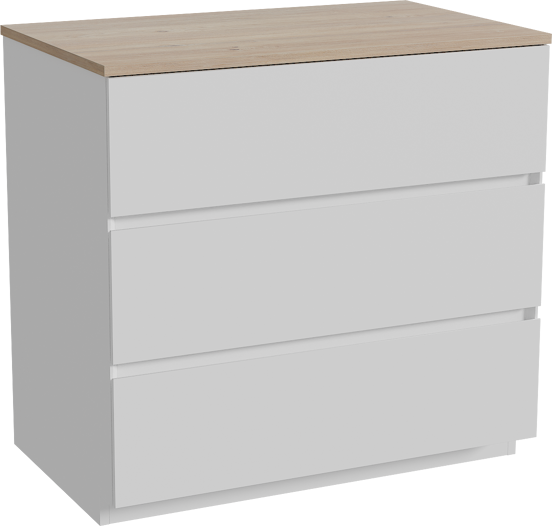 Storke Edge freistehendes Möbelstück Set: 85 x 52 cm, Weiß matt, mit Panton Einzel Waschtischplatte, Melamin Rohe Eiche