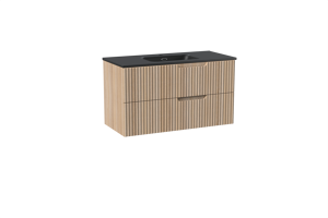 Linie Ribbo zwevend badmeubel 100 x 46 cm licht eiken met Baro enkele wastafel in porselein mat zwart, Verticale symmetrische ronde ribbel