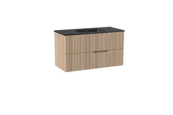 Linie Ribbo meuble salle de bains suspendu 100 x 46 cm chêne clair avec Baro plan simple en porcelaine noir mat, Nervure circulaire symétrique verticale