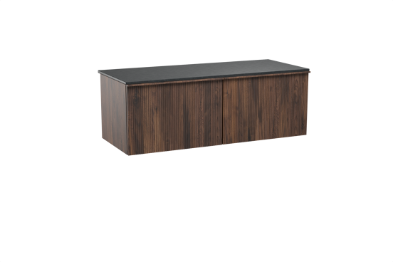 Balmani Forma hängendes Möbelstück Set: 135 x 55 cm, Amerikanischer Nussbaum, mit Stretto Einzel- oder Doppel Waschtischplatte, Granit, Schwarzes Granit, Vertikale symmetrische gerade Rippe