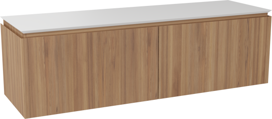 Balmani Eclips meuble salle de bains suspendu 180 x 55 cm Teck avec Eclips tablette simple ou double en Solid Surface blanc mat