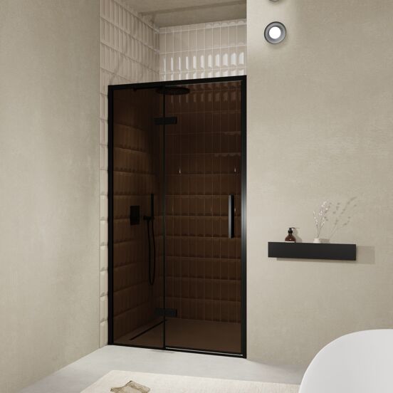 Balmani Senses Design douche draaideur links 120 cm x 210 cm Brons glas, Zwarte profielen, met coating