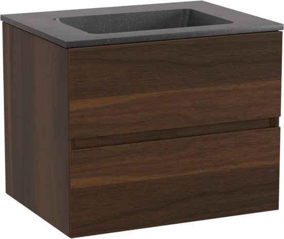 Storke Edge zwevend badkamermeubel 60 x 46 cm notelaar met Scuro enkele wastafel in kwarts mat zwart