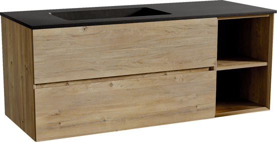 Storke Edge zwevend badmeubel 130 x 52 cm ruw eiken met Scuro asymmetrisch linkse wastafel in kwarts mat zwart