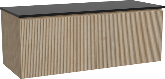 Storke Ribs meuble salle de bains suspendu 130 x 52 cm chêne brut avec Panton tablette simple ou double en mdf enduit de poudre noir mat, Nervure droite symétrique verticale