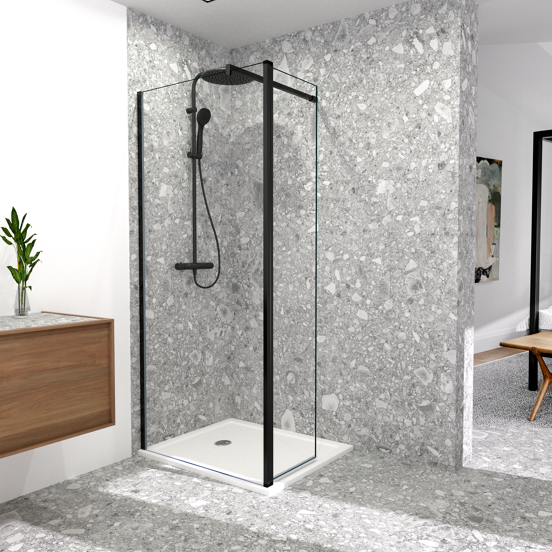 Balmani Move douche à l'italienne avec panneau latéral pivotant 100 x 200 cm verre transparent profil noir mat