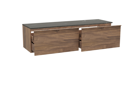 Balmani Forma hängendes Möbelstück Set: 180 x 55 cm, Amerikanischer Nussbaum, mit Stretto Einzel- oder Doppel Waschtischplatte, Marmor, Pietra Grey, Horizontale symmetrische gerade Rippe