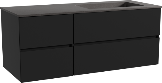 Storke Edge meuble salle de bains suspendu 130 x 52 cm noir mat avec Scuro plan vasque asymétrique à droite en quartz noir mat