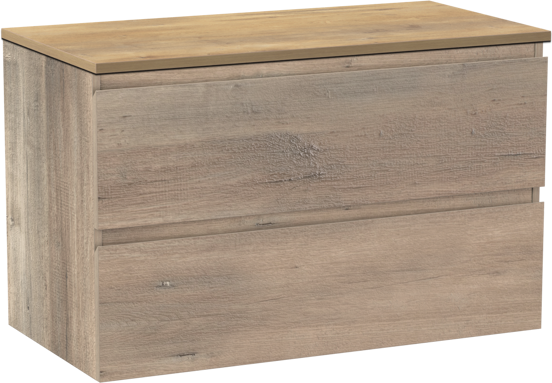Linie Lado zwevend badmeubel 90 x 46 cm grijs eiken met Lado enkel wastafelblad in melamine naturel eiken
