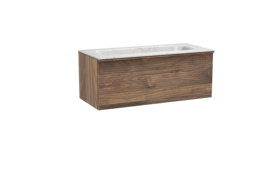 Balmani Forma zwevend badkamermeubel 120 x 55 cm amerikaanse notelaar met Tablo Arcato enkele wastafel in marmer carrara, Horizontale symmetrische rechte ribbel