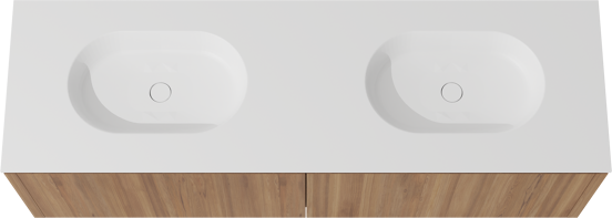Balmani Eclips zwevend badkamermeubel 180 x 55 cm Teak met Tablo Oval dubbele wastafel in Solid Surface mat wit