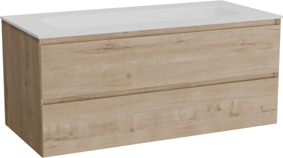 Balmani Mitra meuble salle de bains suspendu 120 x 55 cm chêne brut avec Tablo Arcato lavabo simple pour 2 trous de robinet en solid surface blanc mat