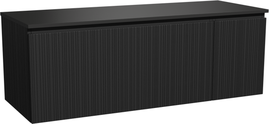 Storke Ribs zwevend badmeubel 140 x 52 cm zwart eiken met Panton enkel of dubbel wastafelblad in gepoedercoate mdf mat zwart, Verticale asymmetrische rechte ribbel