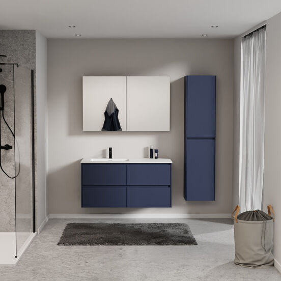 Storke Seda zwevend badkamermeubel 120 x 52 cm nachtblauw met Mata asymmetrisch linkse wastafel in solid surface mat wit