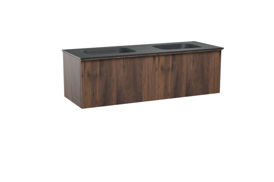 Balmani Forma zwevend badkamermeubel 150 x 55 cm amerikaanse notelaar met Tablo Arcato dubbele wastafel in graniet zwart, Verticale symmetrische rechte ribbel